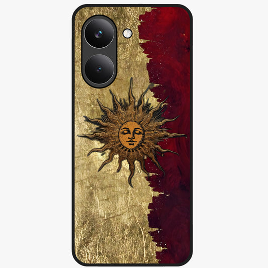 Crimson Sun Majesty Glass Case showing flat back view with radiant sun inspired artwork and glossy glass finish.