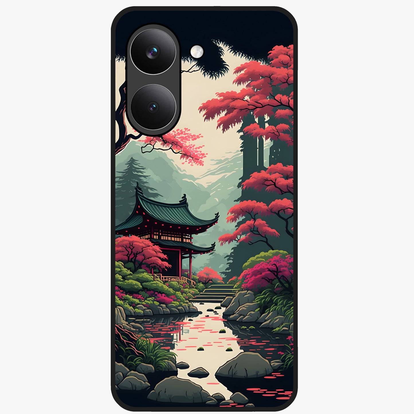 Crimson Temple View Glass Case showing flat back view with temple inspired artwork and glossy glass finish.