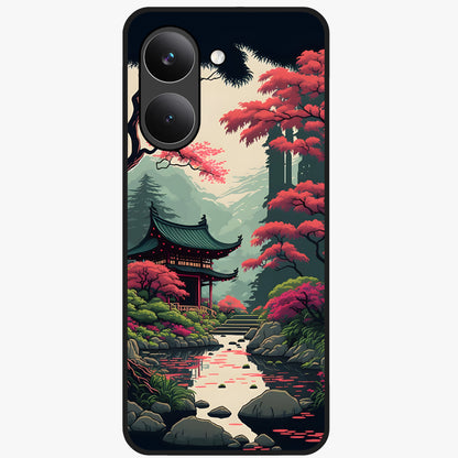 Crimson Temple View Glass Case showing flat back view with temple inspired artwork and glossy glass finish.
