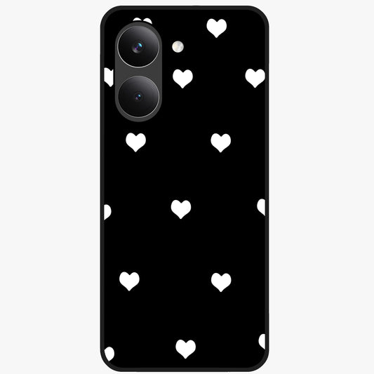 Cute And Simple White Hearts Glass Case showing flat back view with minimal white heart pattern and glossy glass finish.