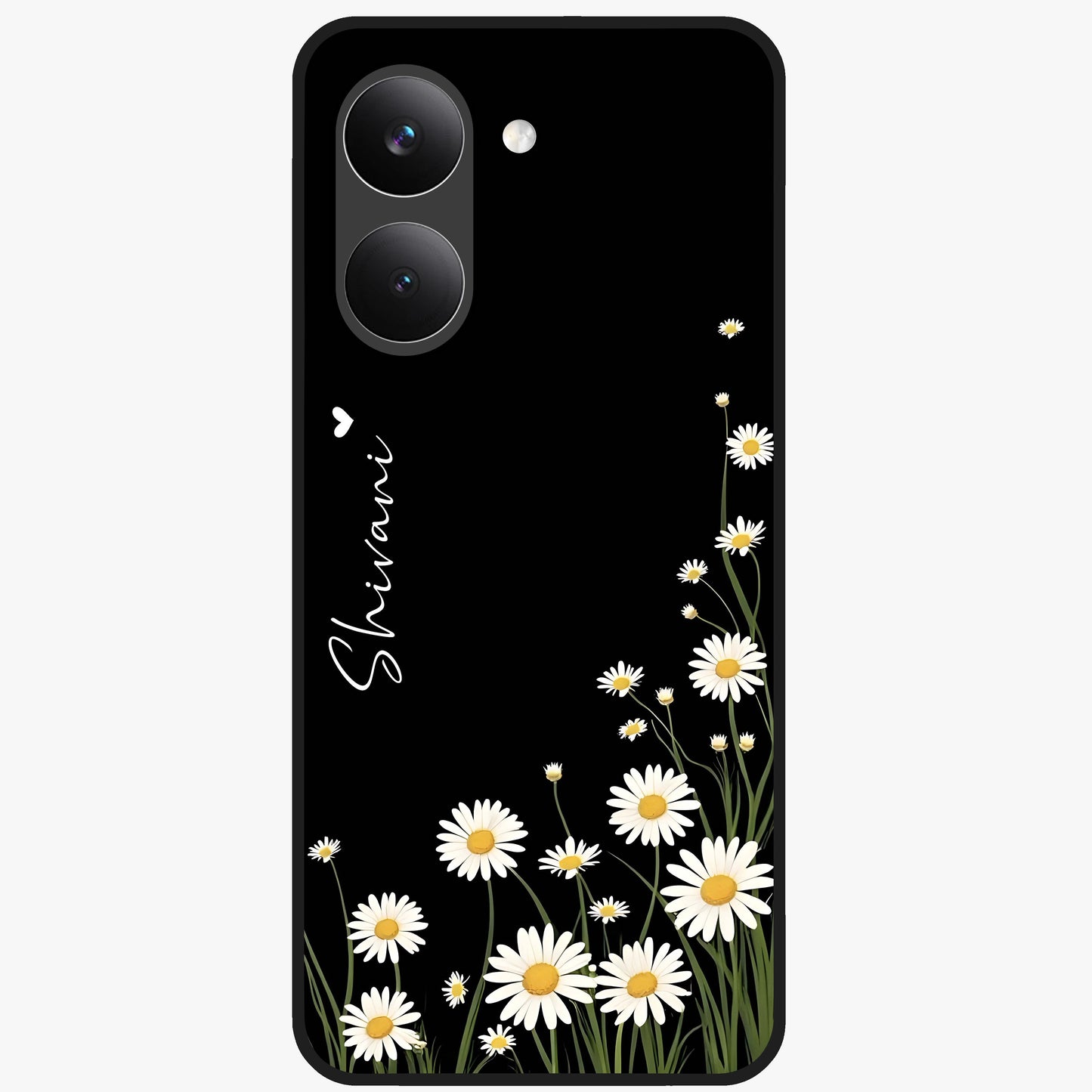 Daisy Cascade Custom Name Glass Case showing flat back view with cascading daisy flowers and personalized name design.