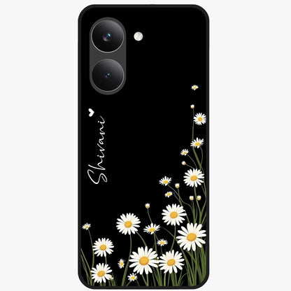 Daisy Cascade Custom Name Glass Case showing flat back view with cascading daisy flowers and personalized name design.