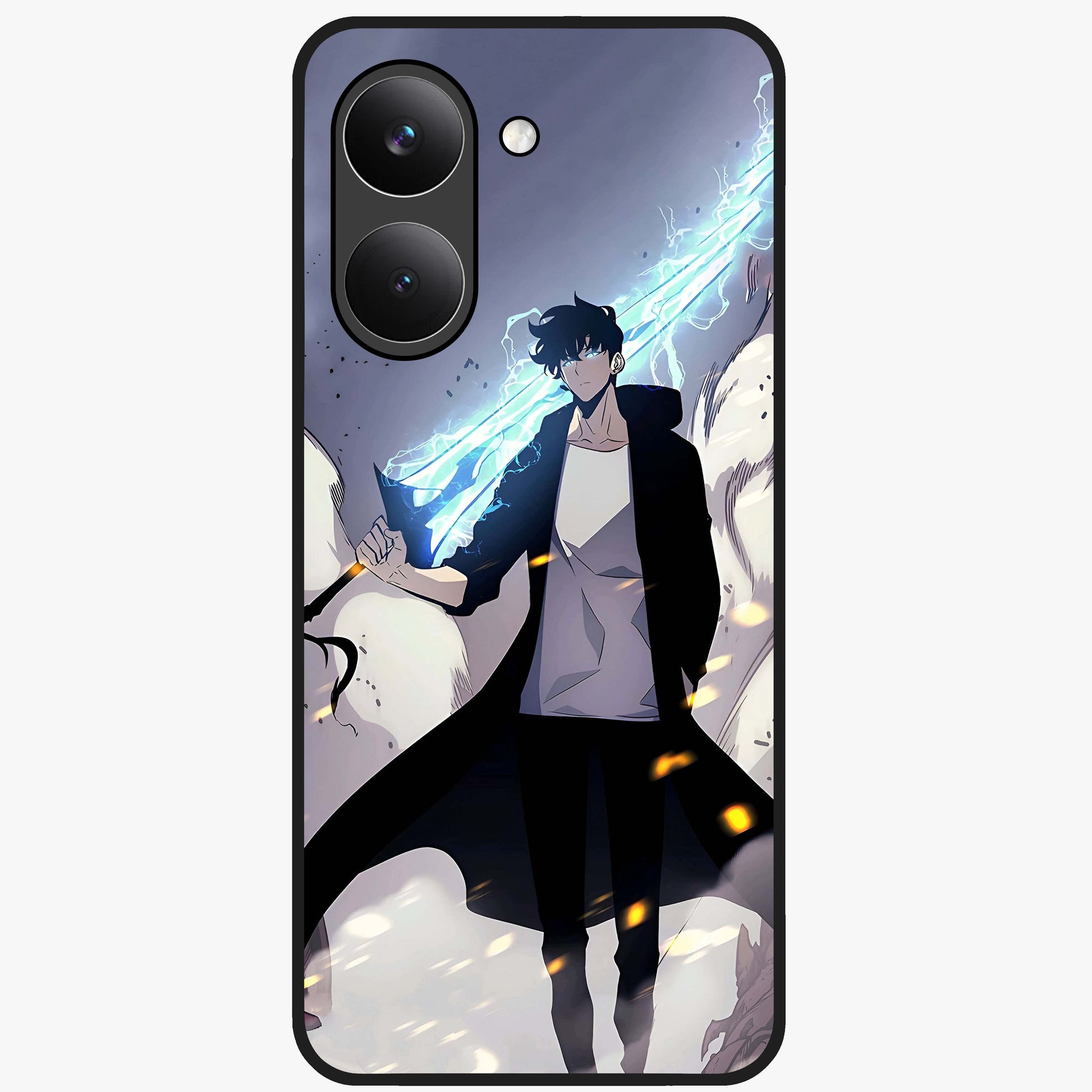 Dark Lightning Anime Warrior Glass Case showing flat back view with intense anime warrior artwork and glossy glass finish.