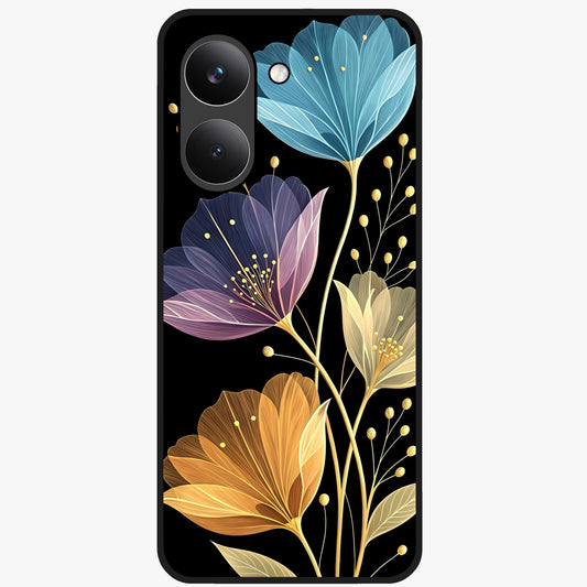 Delicate Multicolor Flowers Glass Case showing flat back view with vibrant floral artwork and glossy glass finish.