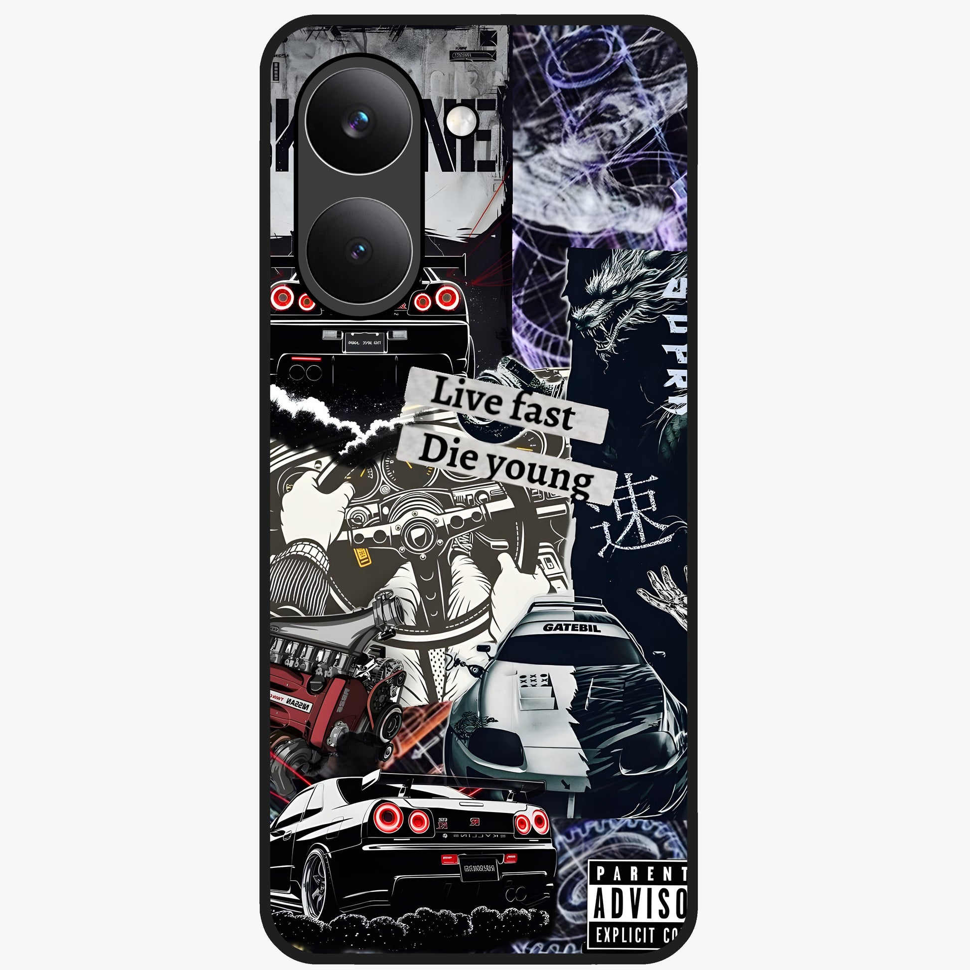 Die Young Glass Case showing flat back view with bold artistic typography design and glossy glass finish.