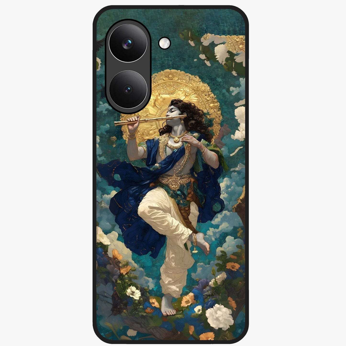 Divine Krishna Art Glass Case showing flat back view with Lord Krishna artwork and glossy glass finish.