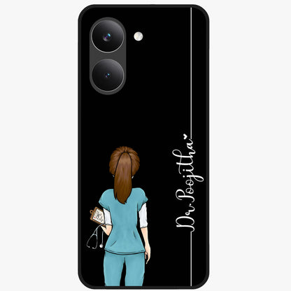 Doctor Pattern Custom Name Glass Case showing flat back view with medical themed pattern and personalized name design.