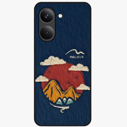 Dream Beyond Mountains Glass Case showing flat back view with scenic mountain landscape artwork and glossy glass finish.