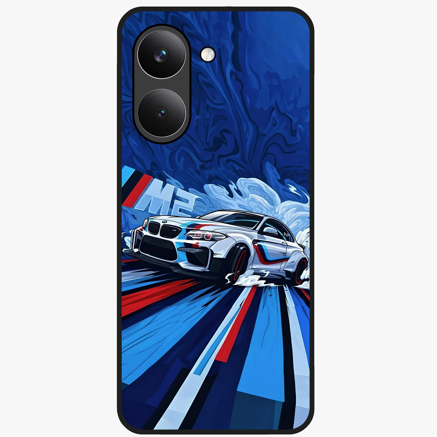 Drift Power Rush Glass Case showing flat back view with dynamic racing inspired artwork and glossy glass finish.