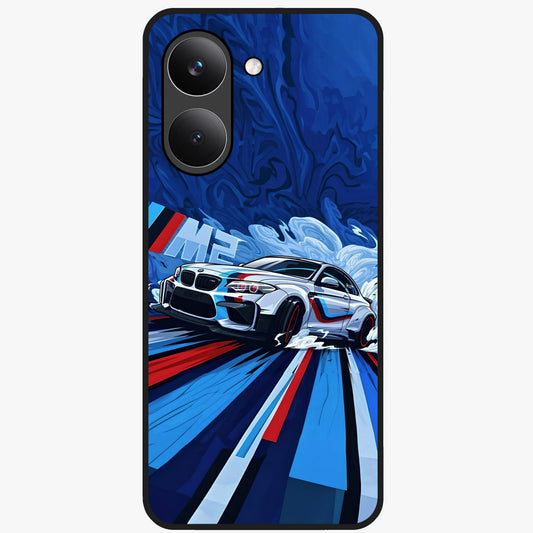 Drift Power Rush Glass Case showing flat back view with dynamic racing inspired artwork and glossy glass finish.