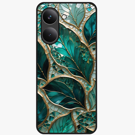 Emerald Leaf Glass Glass Case showing flat back view with emerald green leaf artwork and glossy glass finish.