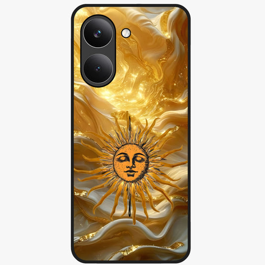 Eternal Golden Glow Glass Case showing flat back view with radiant golden themed artwork and glossy glass finish.
