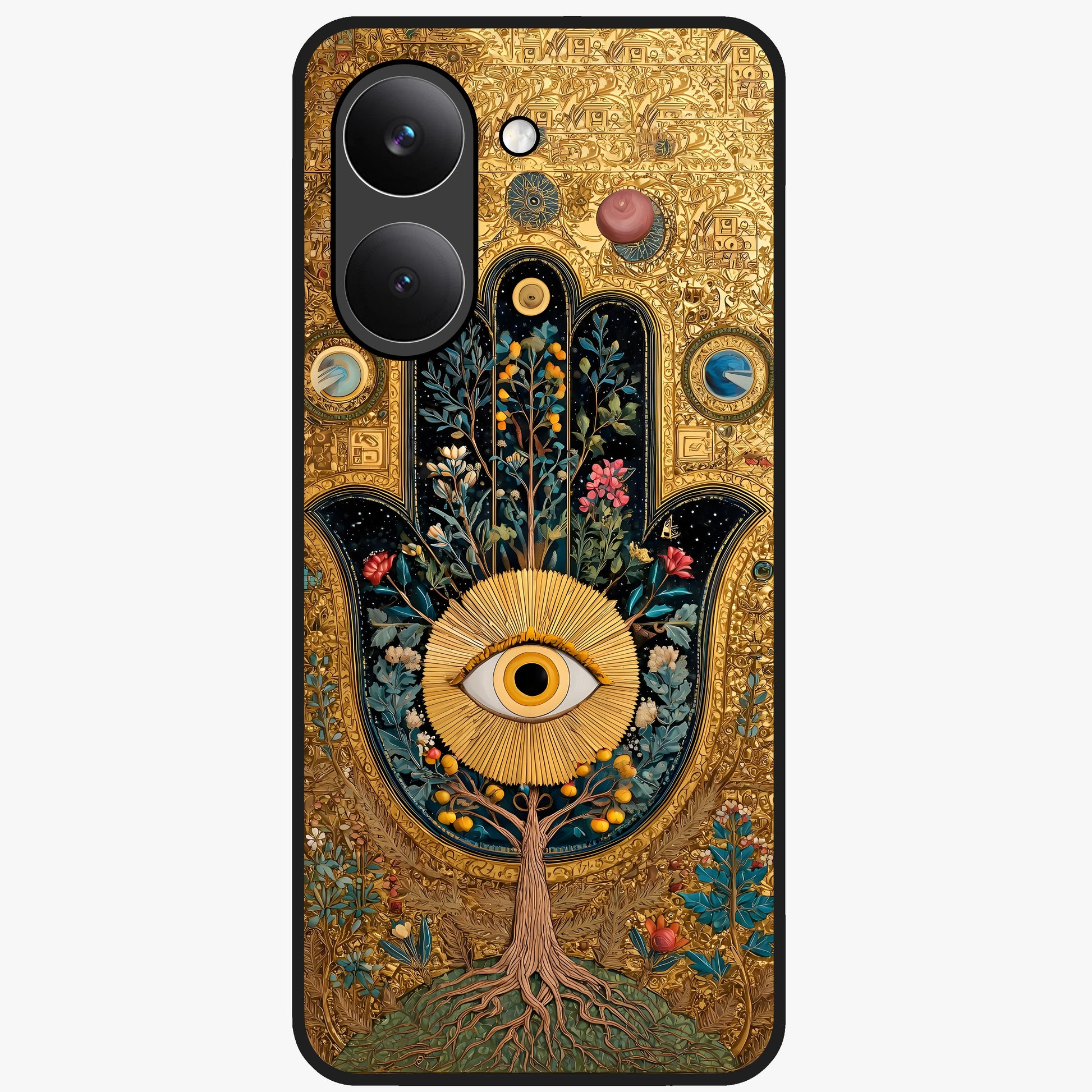 Ethereal Evil Eye Glass Case showing flat back view with mystical evil eye artwork and glossy glass finish.