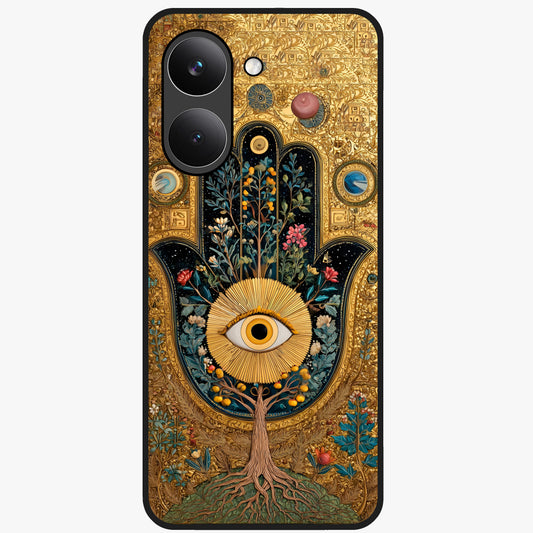 Ethereal Evil Eye Glass Case showing flat back view with mystical evil eye artwork and glossy glass finish.
