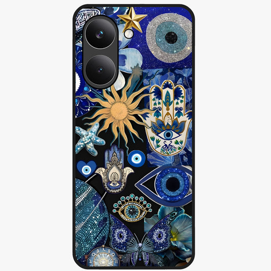 Evil Eye Charm Mix Glass Case showing flat back view with multiple evil eye charms artwork and glossy glass finish.