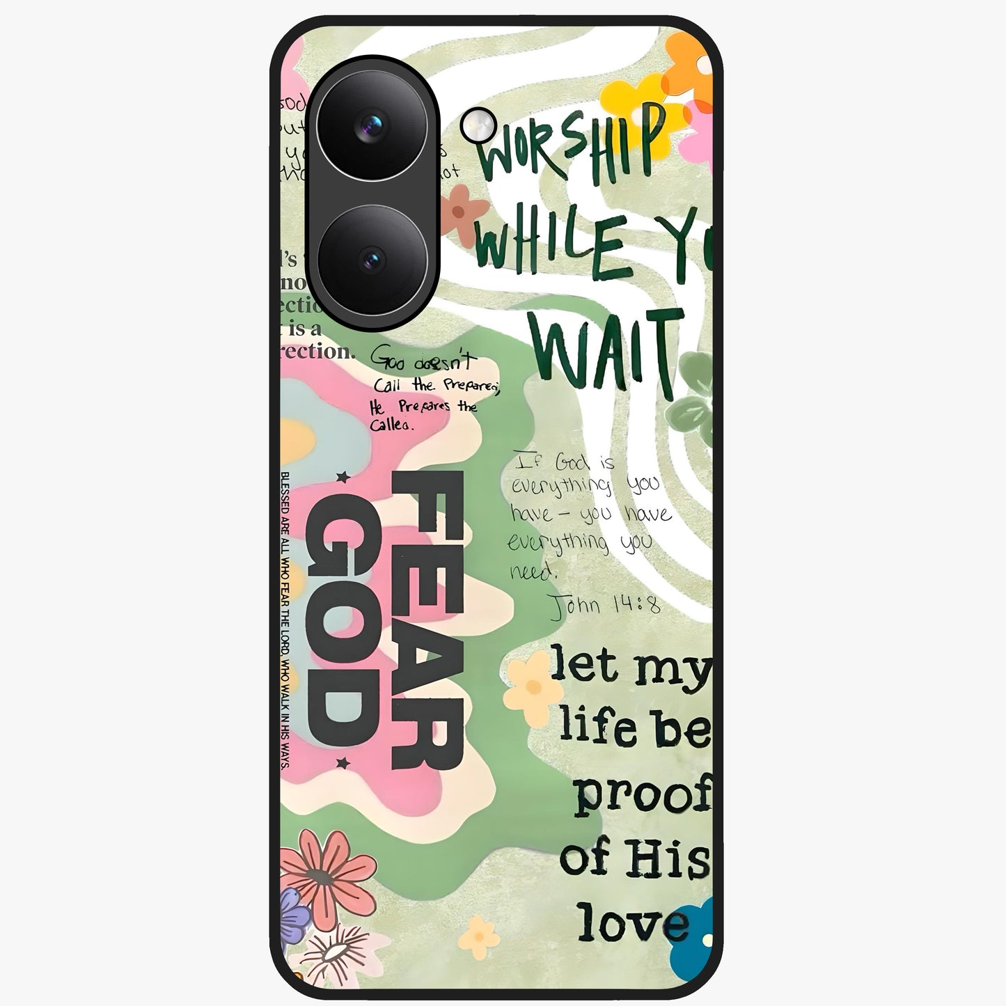 Faith Over Fear Glass Case showing flat back view with motivational typography artwork and glossy glass finish.