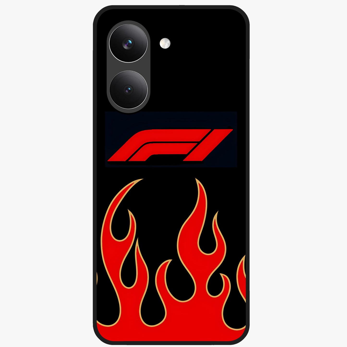 Fire F11 Glass Case showing flat back view with fiery themed artwork and glossy glass finish.