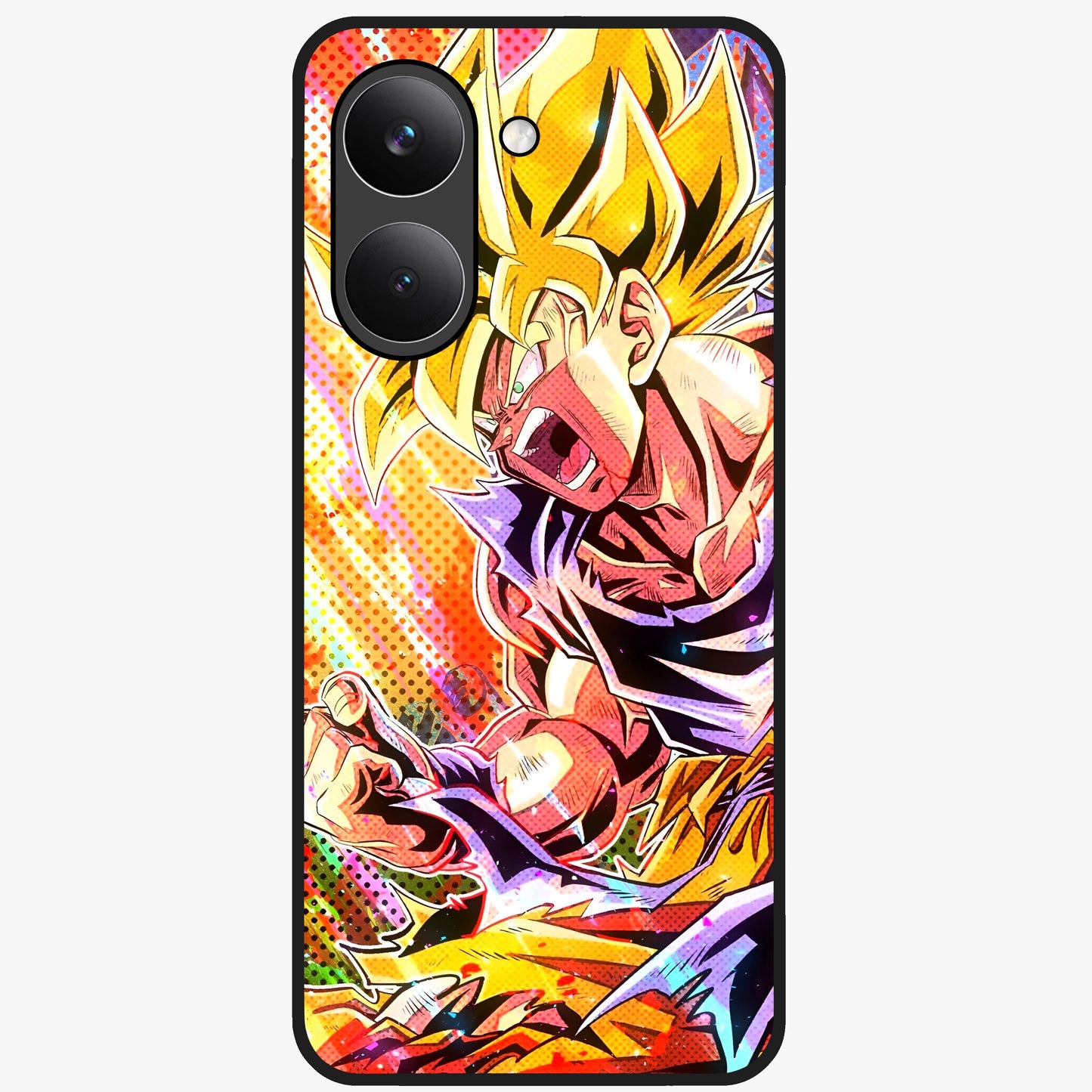 Firing Goku Glass Case showing flat back view with powerful anime inspired artwork and glossy glass finish.