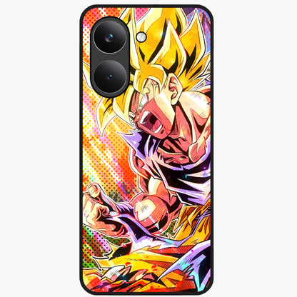 Firing Goku Glass Case showing flat back view with powerful anime inspired artwork and glossy glass finish.