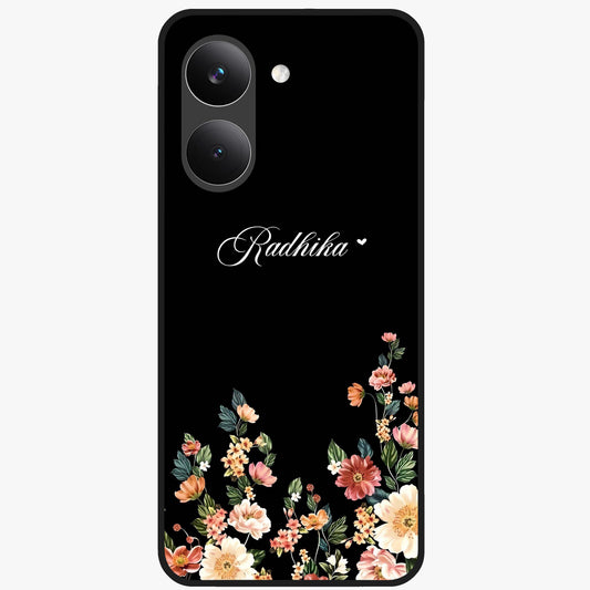 Floral Design With a Custom Personalized Name Glass Case showing flat back view with floral artwork and personalized name design.