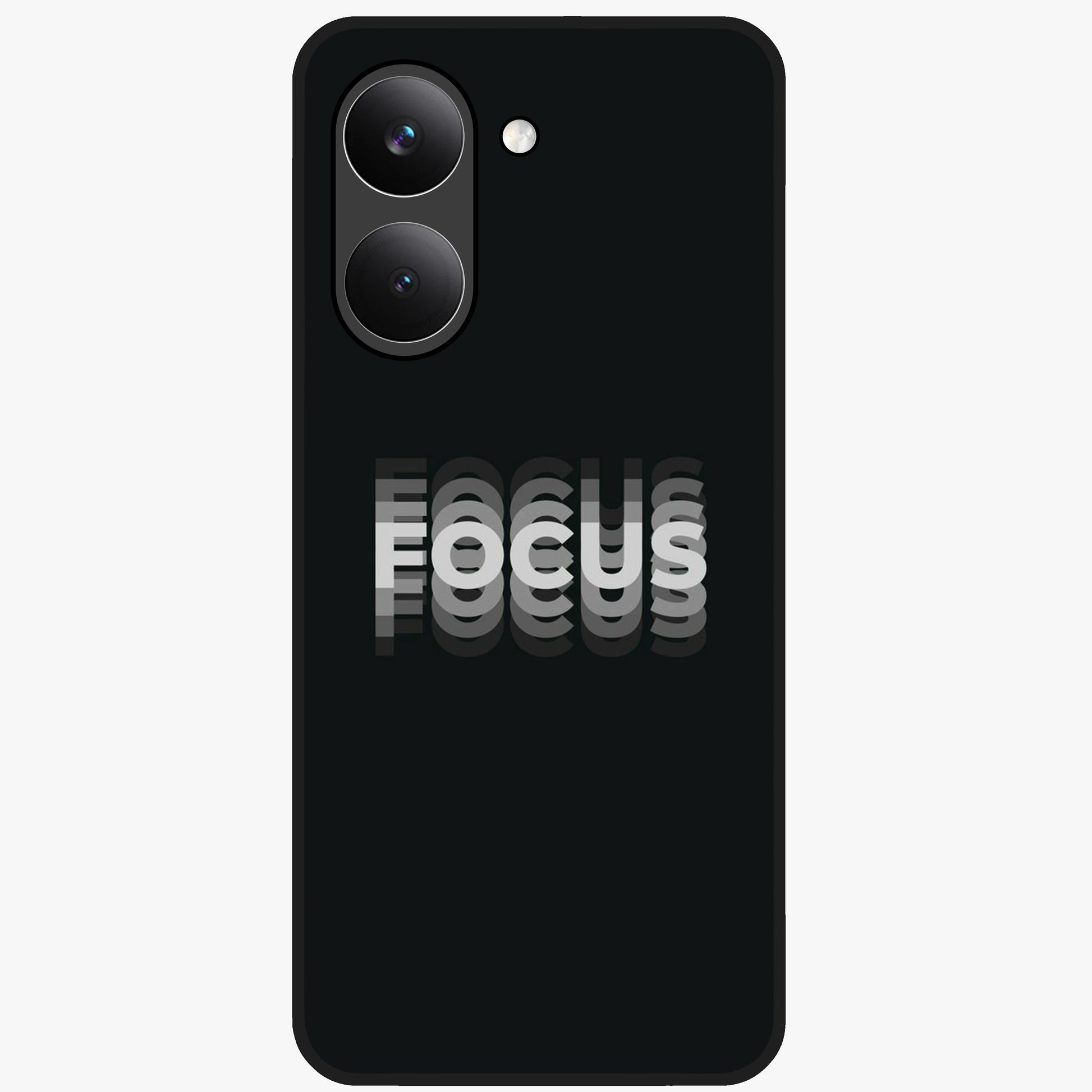 Focus Mode On Glass Case showing flat back view with bold motivational typography design and glossy glass finish.