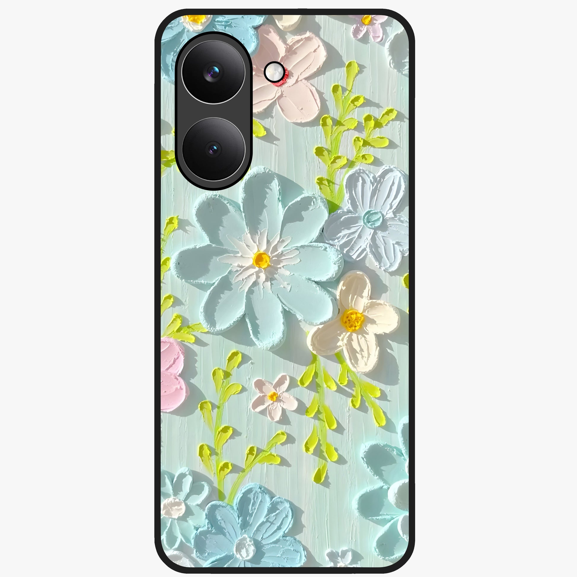 Frosted Petal Garden Glass Case showing flat back view with soft frosted floral artwork and glossy glass finish.