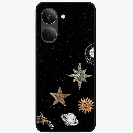 Galactic Charm Glow Glass Case showing flat back view with glowing celestial charm artwork and glossy glass finish.
