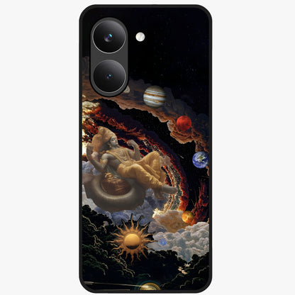 Galactic Divine God Glass Case showing flat back view with divine cosmic themed artwork and glossy glass finish.