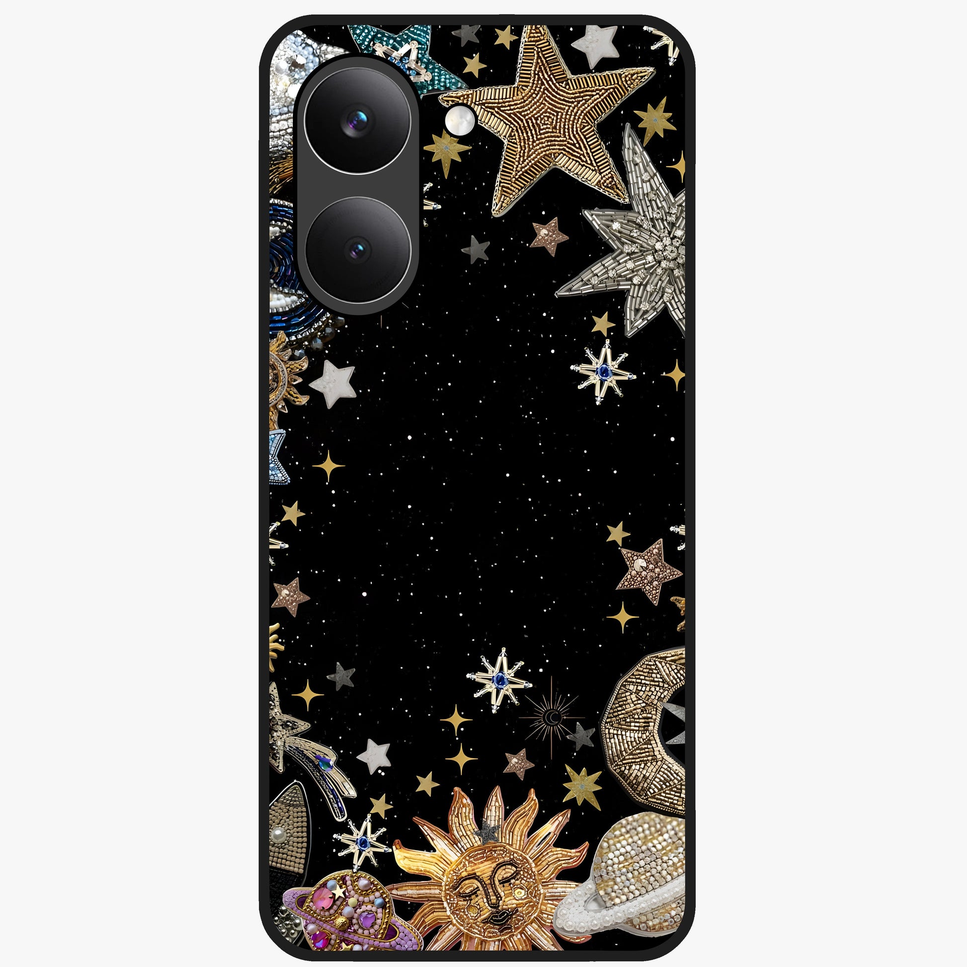 Galactic Jewel Stars Glass Case showing flat back view with sparkling star jewel artwork and glossy glass finish.