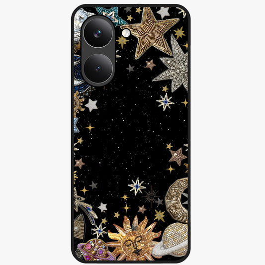 Galactic Jewel Stars Glass Case showing flat back view with sparkling star jewel artwork and glossy glass finish.