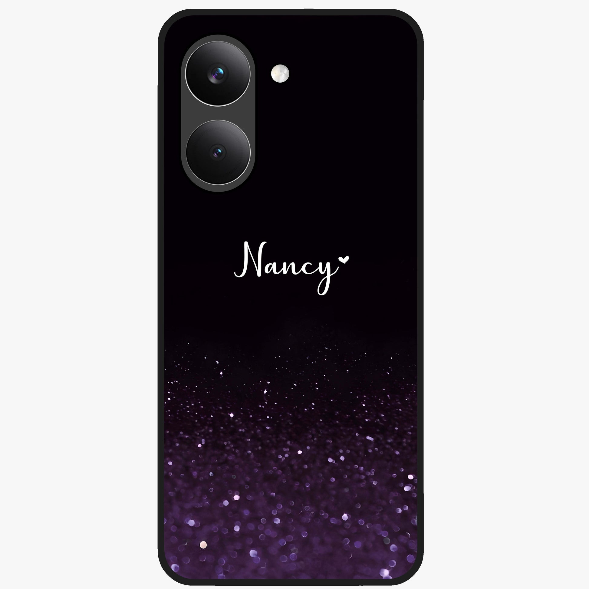 Glittery Purple Bokeh Custom Name Glass Case showing flat back view with purple bokeh sparkle artwork and personalized name design.