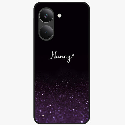 Glittery Purple Bokeh Custom Name Glass Case showing flat back view with purple bokeh sparkle artwork and personalized name design.