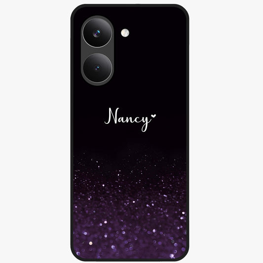 Glittery Purple Bokeh Custom Name Glass Case showing flat back view with purple bokeh sparkle artwork and personalized name design.