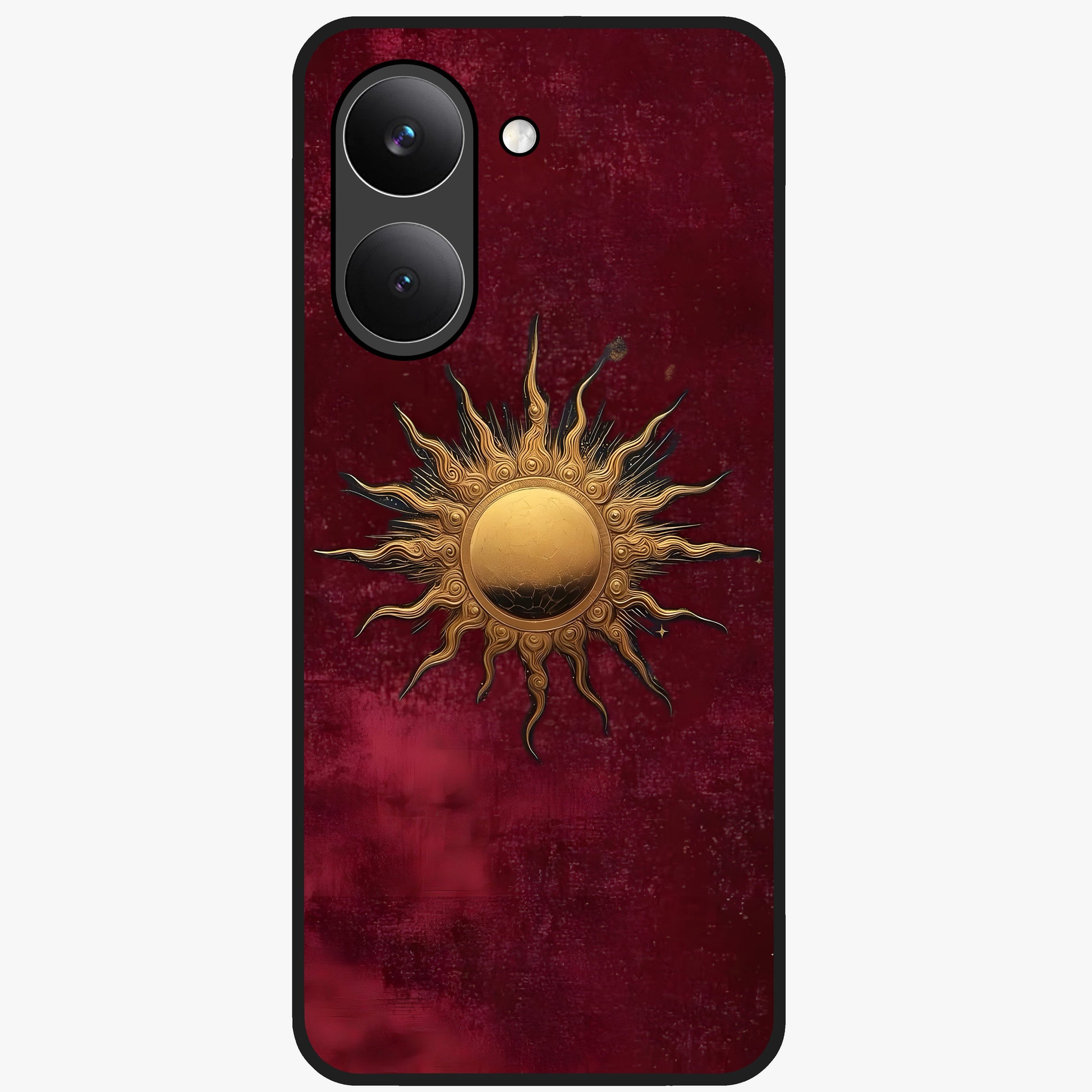 Gold Sun Blush Glass Case showing flat back view with golden sun inspired artwork and glossy glass finish.