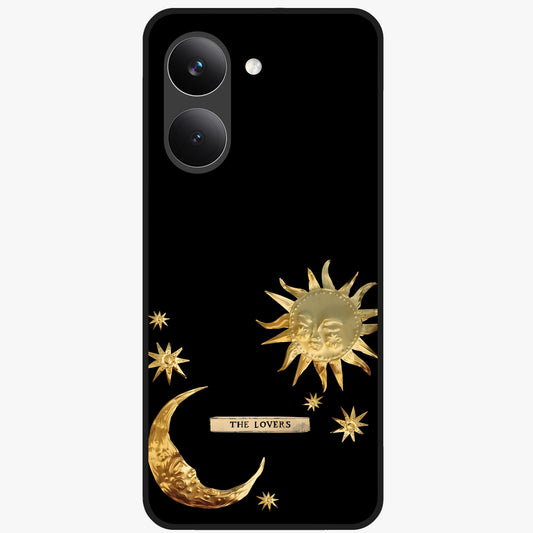 Golden Celestial Charm Glass Case showing flat back view with golden celestial charm artwork and glossy glass finish.