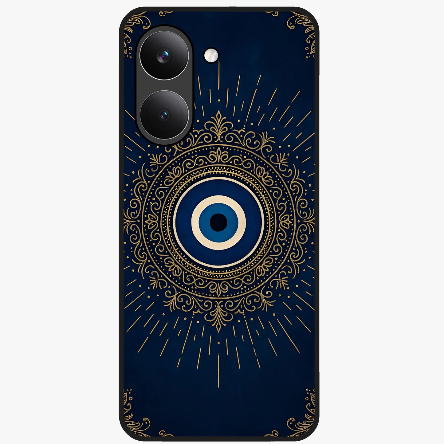 Golden Evil Eye Mandala Glass Case showing flat back view with intricate evil eye mandala artwork and glossy glass finish.