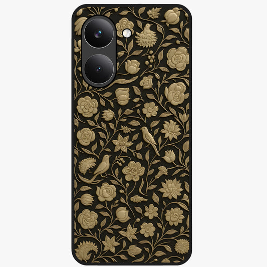 Golden Floral Majesty Glass Case showing flat back view with luxurious golden floral artwork and glossy glass finish.
