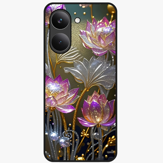 Golden Lotus Glow Glass Case showing flat back view with glowing lotus flower artwork and glossy glass finish.