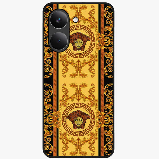 Golden Royal Heritage Glass Case showing flat back view with ornate royal pattern artwork and glossy glass finish.