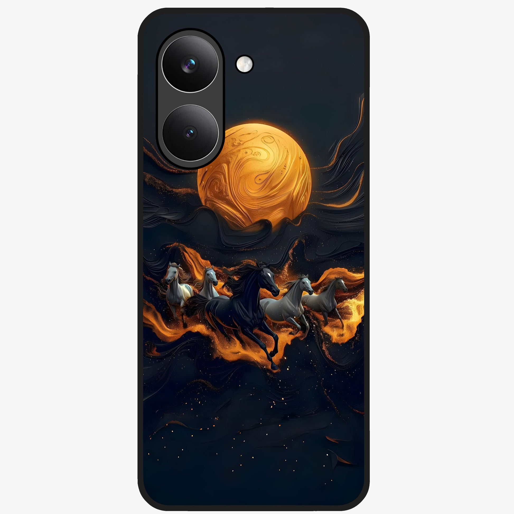 Golden Stallion Moonride Glass Case showing flat back view with majestic horse under moonlight artwork and glossy glass finish.