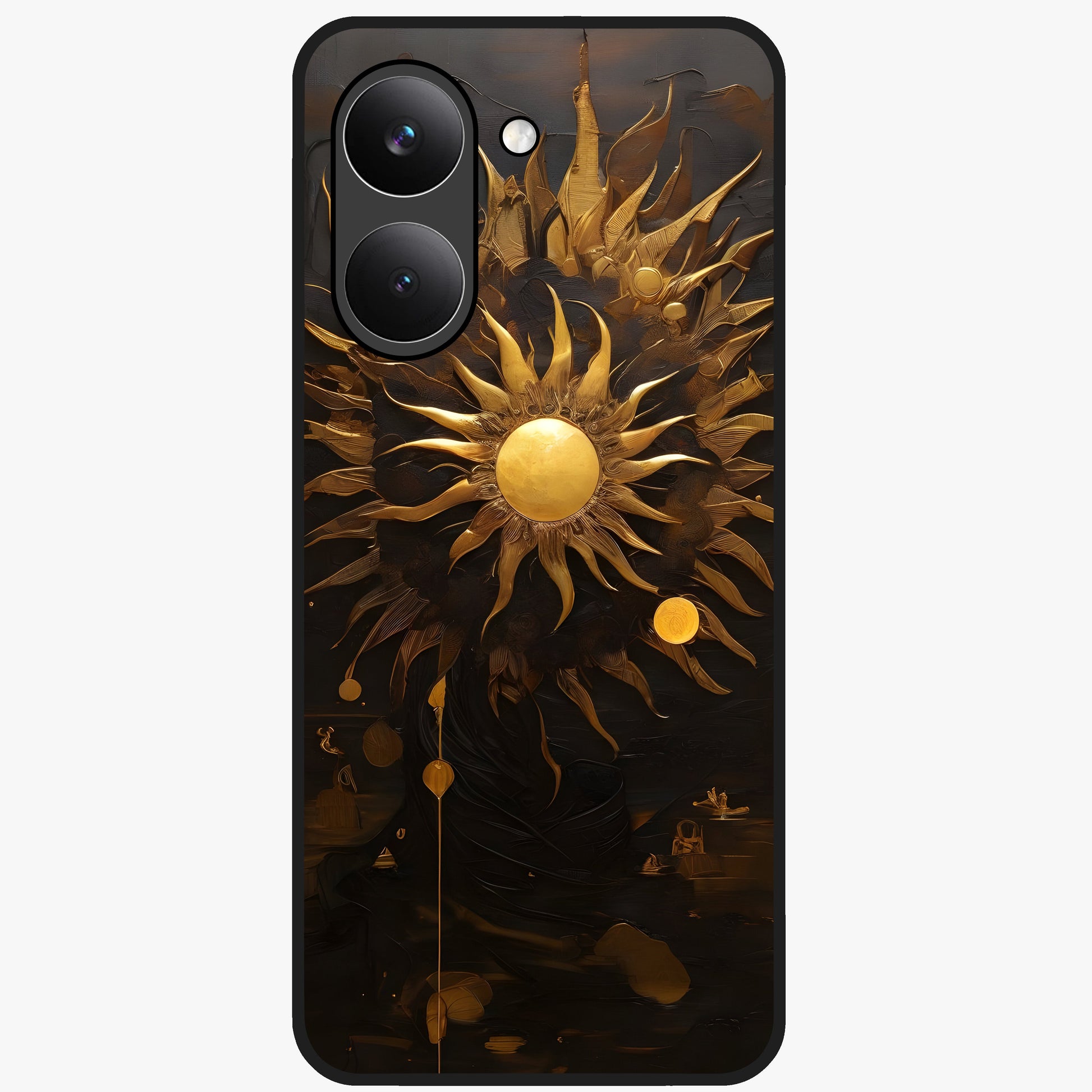 Golden Sun Majesty Glass Case showing flat back view with radiant golden sun artwork and glossy glass finish.