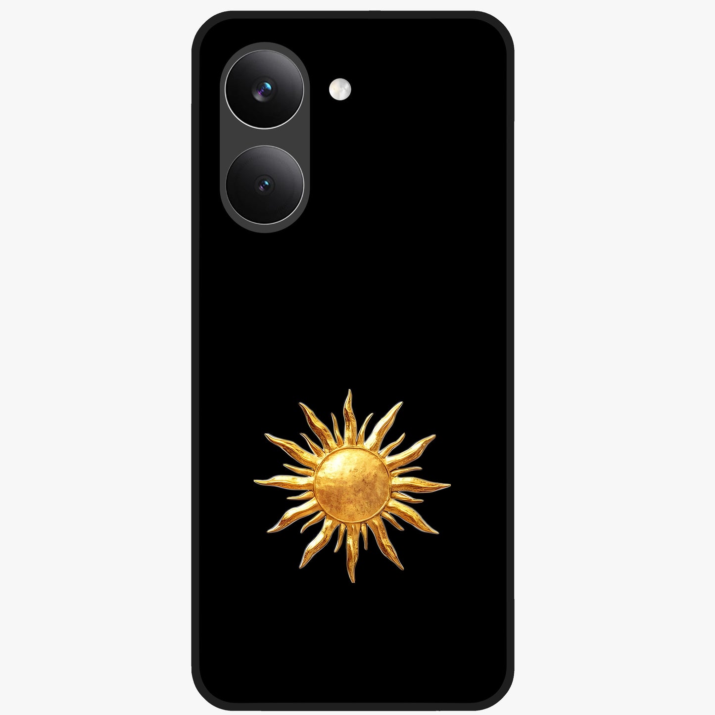 Golden Sun Minimalism Glass Case showing flat back view with minimal golden sun artwork and glossy glass finish.