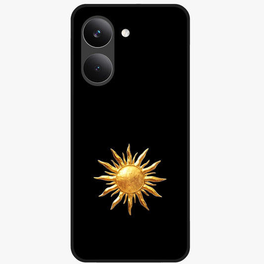 Golden Sun Minimalism Glass Case showing flat back view with minimal golden sun artwork and glossy glass finish.