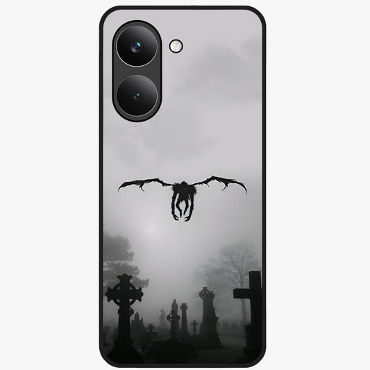 Graveyard Shadow Descent Glass Case showing flat back view with dark graveyard themed artwork and glossy glass finish.
