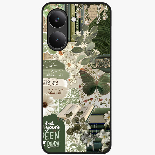 Green Islamic Books Quotes Glass Case showing flat back view with Islamic quotes and book themed artwork and glossy glass finish.