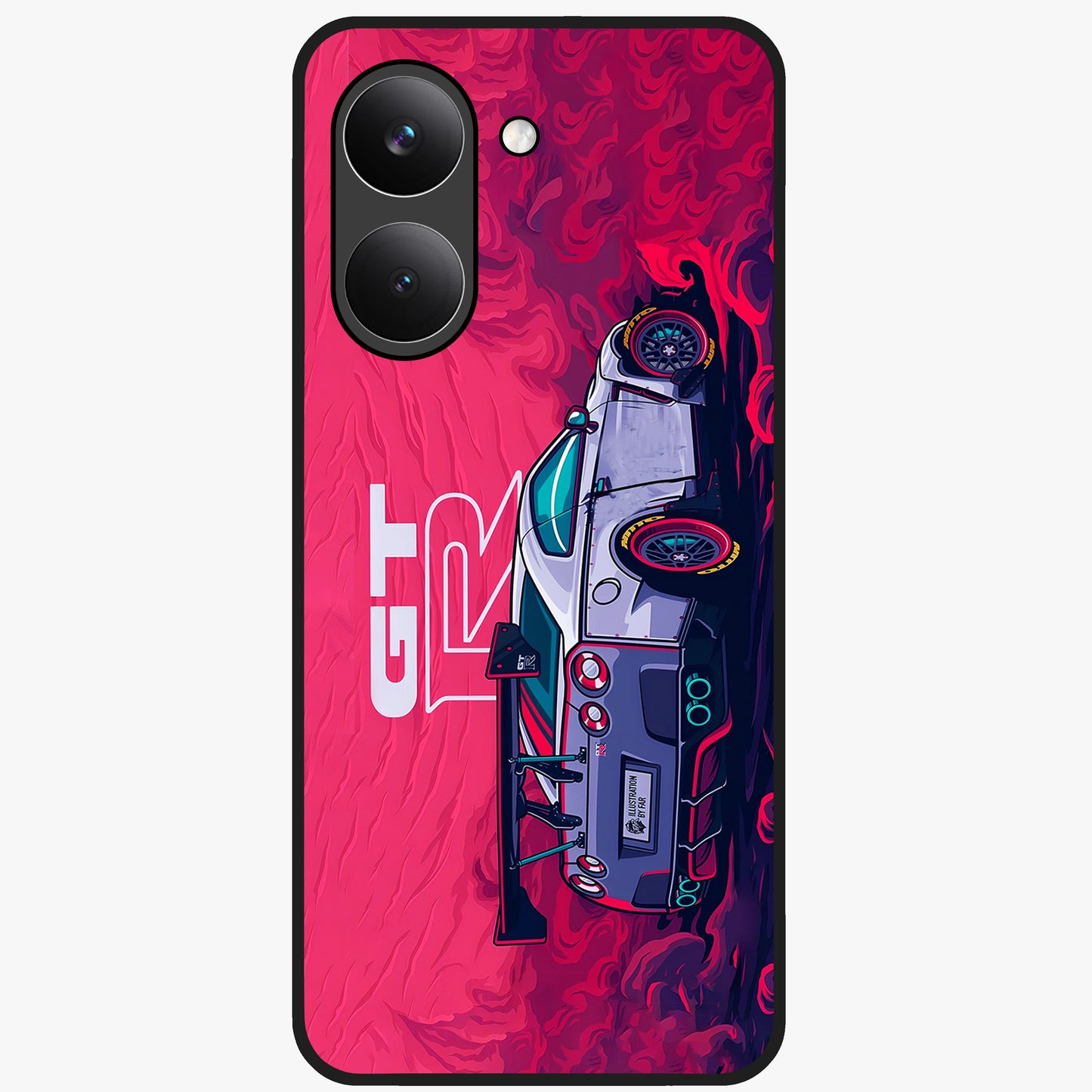 GT-R Car Pattern Glass Case showing flat back view with sporty car inspired pattern artwork and glossy glass finish.