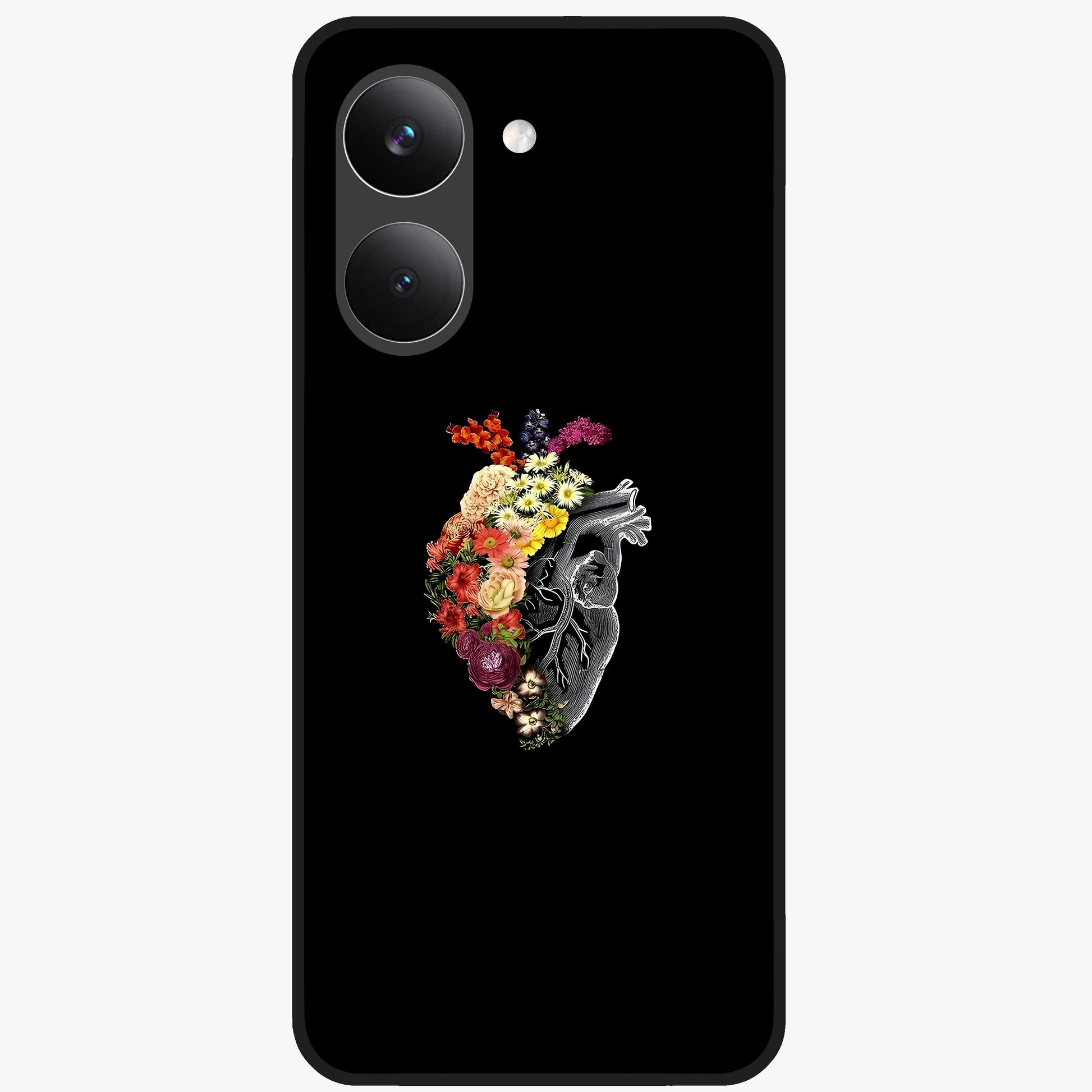 Heart With Flowers Glass Case showing flat back view with heart shaped floral artwork and glossy glass finish.
