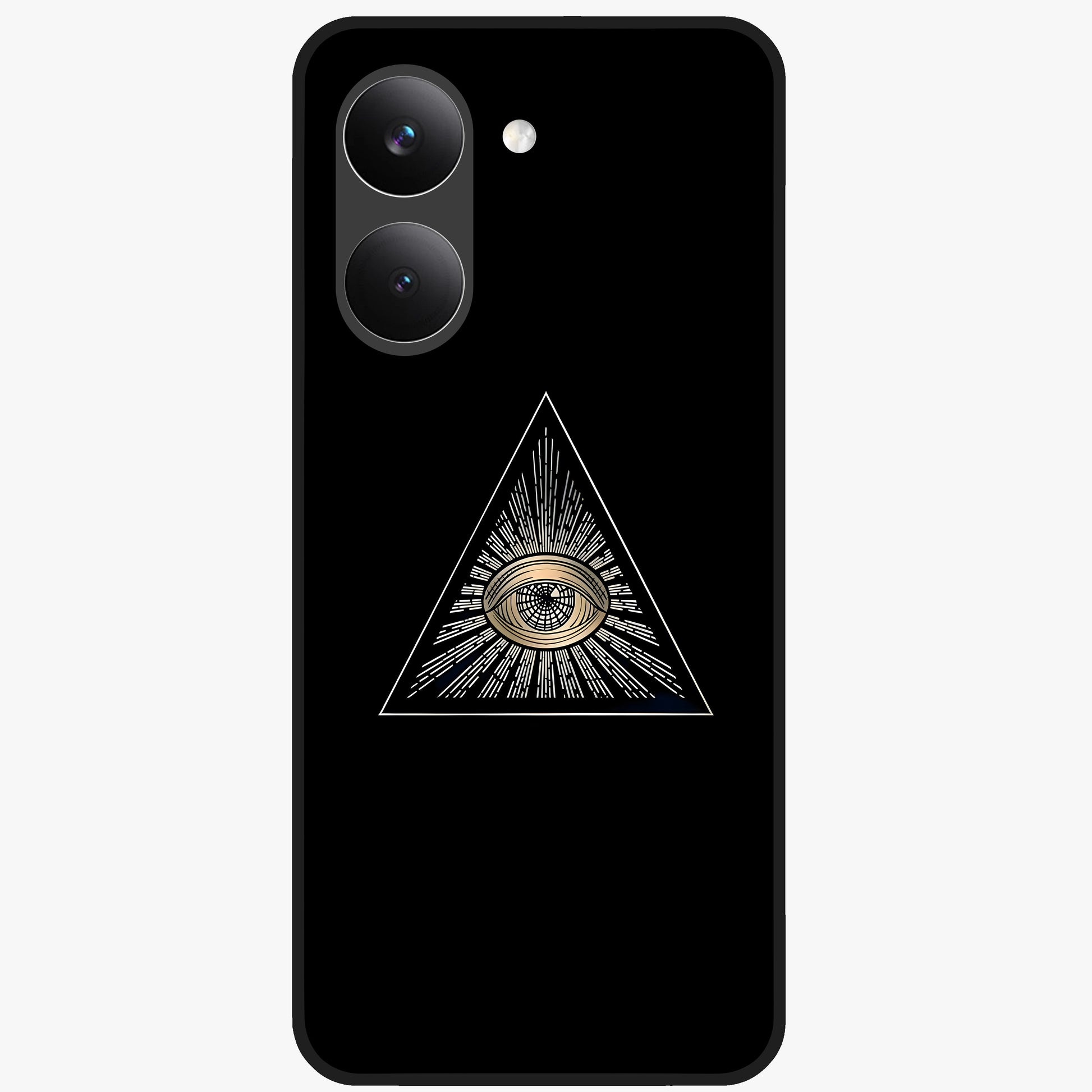 Illuminati Evil Glass Case showing flat back view with mysterious illuminati symbol artwork and glossy glass finish.