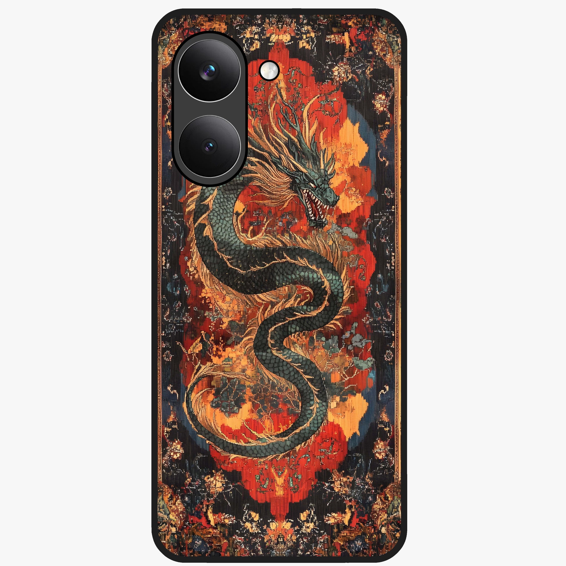 Inferno Dragon Soul Glass Case showing flat back view with fiery dragon artwork and glossy glass finish.