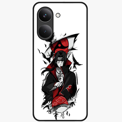 Itachi Sharingan Glass Case showing flat back view with powerful anime eye artwork and glossy glass finish.
